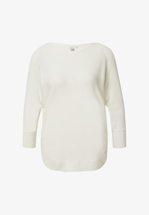 Cream-colored knit sweater with a relaxed fit, wide neckline, three-quarter sleeves, and rounded hem. Soft texture with no patterns or embellishments.
