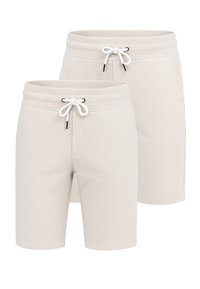 Shorts beige clair, arrivant au genou, fabriqués en un mélange de coton doux. Ils disposent d'une taille élastique, d'un cordon de serrage ajustable et de poches latérales.