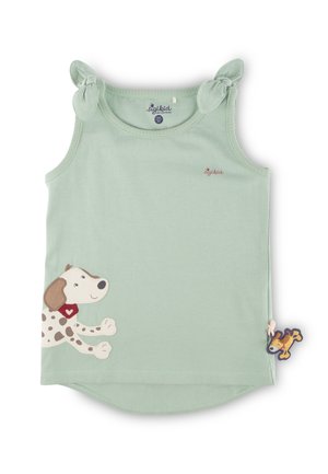 Helles grünes ärmelloses Tanktop mit rundem Ausschnitt, das mit einem Grafikdesign eines gepunkteten Hundes und einem kleinen orangen Hundemarkenakzent an der Seite versehen ist.