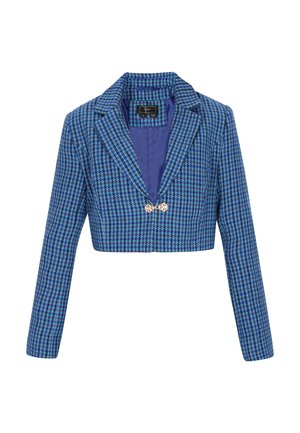 Taillierte Blazer in blau-schwarzem Hahnentrittmuster, mit Reverskragen, langen Ärmeln und einer Frontschließe mit goldfarbener Knopf.