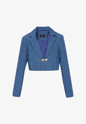 Cropped blazer in blue and black houndstooth pattern, featuring a notched lapel, long sleeves, and a front gold-tone button closure.