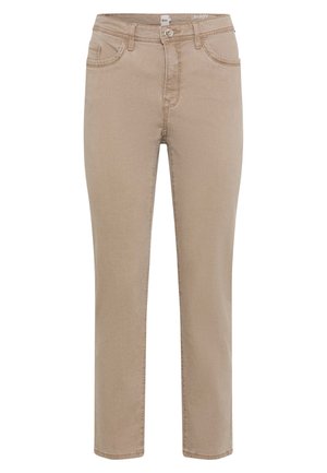 Beige slim-fit afslappede bukser med forreste knap og lynlås, bæltestropper og to forlommer vist mod en hvid baggrund.