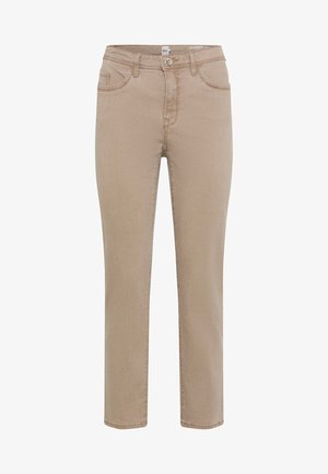 Pantalon décontracté beige coupe slim avec bouton et fermeture éclair à l'avant, passants pour ceinture et deux poches avant, présenté sur un fond blanc.