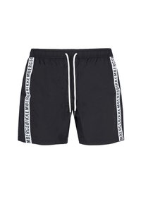 Pantaloni da nuoto neri con vita regolabile tramite cordoncino, con strisce bianche laterali e testo del logo. Realizzati in tessuto leggero e ad asciugatura rapida.