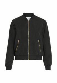 Zwarte bomberjas met een ritssluiting aan de voorkant, twee zijzakken, geribbelde boorden en zoom, gemaakt van glad materiaal met accenten in goudkleurig metaal.