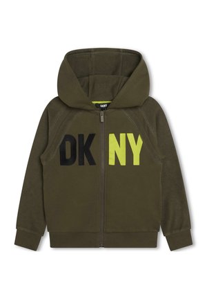 Sweat à capuche vert en tissu doux, avec un imprimé "DK" noir et "NY" jaune fluo. Comprend une capuche et des poignets côtelés.
