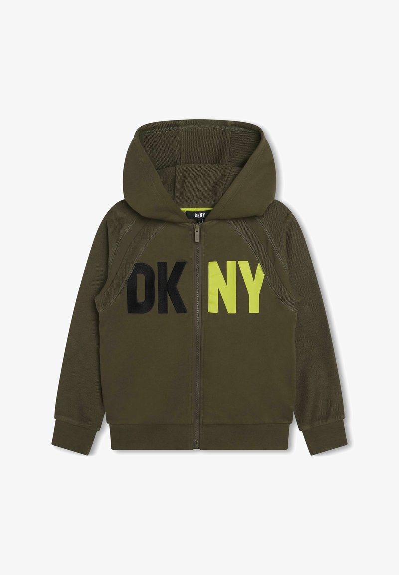 Sweat à capuche vert en tissu doux, avec un imprimé "DK" noir et "NY" jaune fluo. Comprend une capuche et des poignets côtelés.