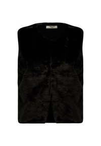 Zwarte nepbont gilet met een ronde halslijn en open voorkant. Gladde textuur zonder zichtbare hardware of sluitingen, met een eenvoudige silhouet.