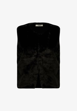Gilet en fausse fourrure noire avec un col rond et une ouverture devant. Texture lisse sans quincaillerie ni fermetures visibles, ayant une silhouette simple.