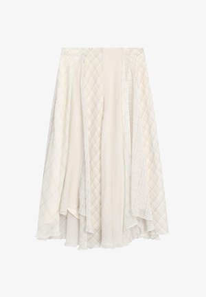 Hell gefärbter, mehrlagiger Rock mit einer Mischung aus karierter und gemusterter Stoffen, der ein fließendes Design und eine strukturierte Oberfläche aufweist.