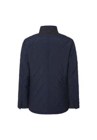 Veste matelassée bleu marine avec motif de couture en losanges et col foncé, vue de dos avec manches longues et ourlet droit.