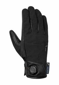Zwarte handschoenen met een combinatie van stof en leer, met een soepele textuur, verstelbare sluiting en een merkaccent.