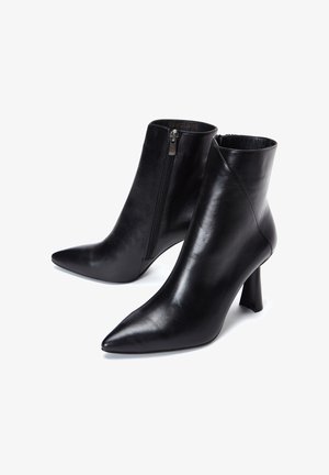 Black leather ankle boots with a pointed toe and a cylindrical heel. Features a side zipper and smooth texture. Height is mid-calf.