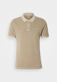 Béžová bavlnená polo košela so slim fit strihom, krátkymi rukávmi, gombíkovým golierom a jemným logom na hrudi. Mäkká textúra, ležérny dizajn.