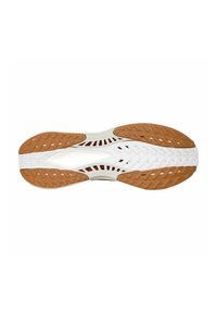 Suela de zapato con un diseño de goma blanca y marrón, que cuenta con un patrón de agarre texturizado y secciones recortadas para ventilación.