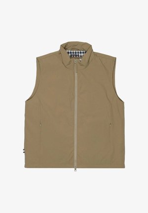 Gilet senza maniche di colore marrone chiaro, realizzato in un tessuto morbido. Presenta una zip frontale, tasche laterali e una fodera a quadri nel colletto.