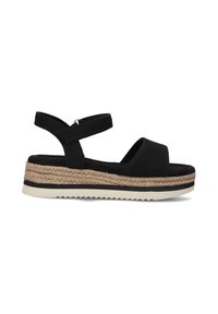 Zwarte sandaal met gestructureerde stoffen bandjes en een espadrille-stijl jute tussenzool. Beschikt over een platte, geribbelde buitenzool voor grip en ondersteuning.