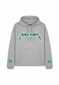Felpa grigia con grafica verde "MIRA PARIS" e design a stelle sulle maniche. Il materiale sembra morbido, con una tasca a scomparsa sul davanti.