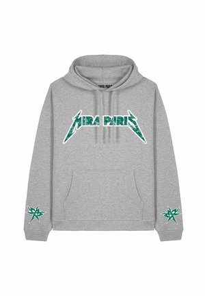 Sweat à capuche gris avec un texte graphique vert "MIRA PARIS" et des motifs d'étoiles sur les manches. Le matériau semble doux, avec une poche kangourou à l'avant.