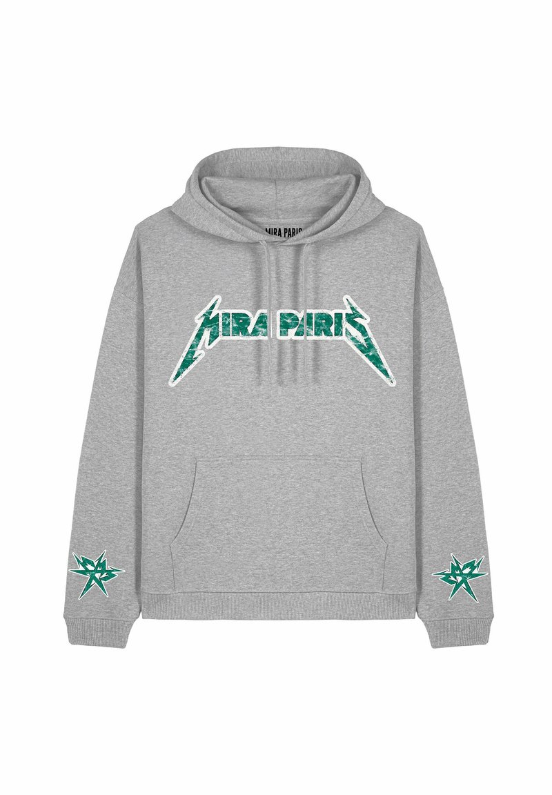 Felpa grigia con grafica verde "MIRA PARIS" e design a stelle sulle maniche. Il materiale sembra morbido, con una tasca a scomparsa sul davanti.