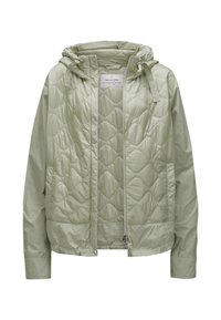 Hellgrünes, gesteppte Jacke mit Kapuze, mit Reißverschluss vorne, gerippten Ärmelbündchen und einer weichen, glatten Textur. Enthält Fronttaschen.