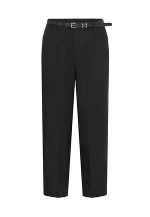 Zwarte op maat gemaakte enkellange broek met een hoge taille en een dunne zwarte riem met een metalen gesp.