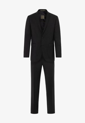 Miesten musta kaksiosainen puku, yksirivinen takki, jossa on kaksi nappia, ja siihen sopivat suoralahkeiset housut.