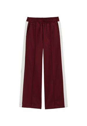 Burgundipunased laia säärega dressipüksid valgete külgtriipudega, elastse vöökohaga ja kahe küljetaskuga, valmistatud pehmest ja tekstuurse kangaga.