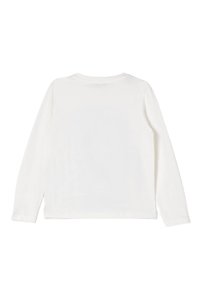 Camicia bianca a maniche lunghe realizzata in tessuto morbido. Design semplice con colletto rotondo e orlo dritto, senza motivi o accenti visibili.