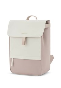 Zaino con un cappuccio superiore crema e una sezione inferiore rosa, realizzato in tessuto resistente. Include una maniglia e una cinghia di chiusura frontale.