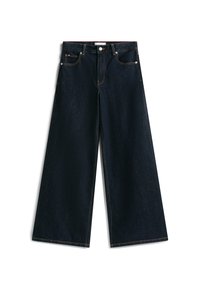 Donkerblauwe wijde jeans met hoge taille, klassiek vijf-pocket ontwerp, zichtbare stiksels en een gladde denimtextuur.