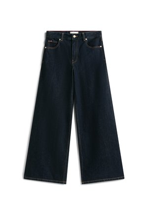 Jeans a gamba larga blu scuro con vita alta, design classico a cinque tasche, cuciture visibili e una texture denim liscia.