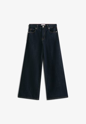 Jeans a gamba larga blu scuro con vita alta, design classico a cinque tasche, cuciture visibili e una texture denim liscia.
