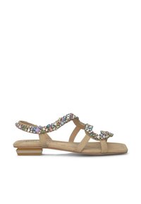 Beige sandaal met een lage blokhak, delicate bandjes en een versierde bovenkant van rhinestones in verschillende iriserende kleuren.