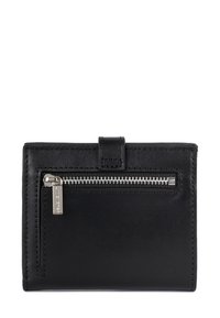 Portafoglio in pelle nera con tasca con zip, caratterizzato da una texture liscia, forma rettangolare e un piccolo dettaglio con tirazip in metallo.