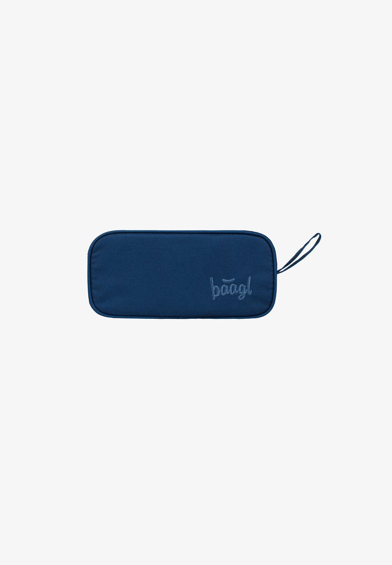 Astuccio blu navy in tessuto texturizzato, con bordi arrotondati, chiusura con zip e manico ad anello. Presenta un logo ricamato discreto.