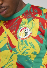 Camiseta de fútbol con patrones florales en verde, amarillo y rojo. Presenta un cuello redondo y un emblema circular de la federación senegalesa de fútbol.