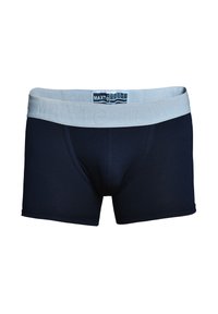 Boxer in cotone blu navy con elastico grigio chiaro che presenta il nome del marchio "MAXTé" in rilievo. Texture liscia e design aderente.