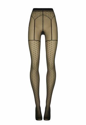 Schwarze transparente Strumpfhosen mit Punkten, verstärktem Bund, Nähten und schwarzem Fußbereich, gezeigt an Schaufensterfiguren-Beinen.