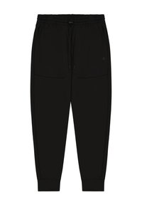 Zwarte joggerbroek van zachte stof, met een elastische tailleband, trekkoord, twee voorzakken en afgewerkte enkels.