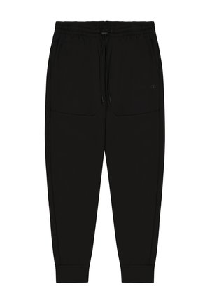 Pantalones de chándal negros hechos de tela suave, con cintura elástica, cordón, dos bolsillos delanteros y tobillos ajustados.