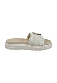 Infradito tessuto con una cintura bianca textured, soletta color crema e suola in gomma imbottita con battistrada testurizzato per una migliore aderenza.