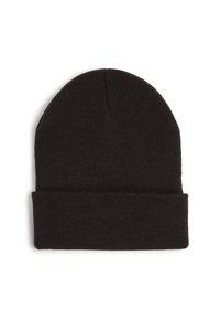 Dark brown knit beanie with a folded brim, featuring a smooth texture and a simple design. No visible patterns or hardware details.