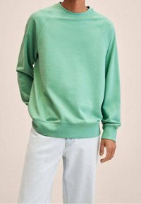 Felpa verde menta in tessuto morbido, con collo tondo e polsini a costine, abbinata a jeans azzurri. Design semplice.