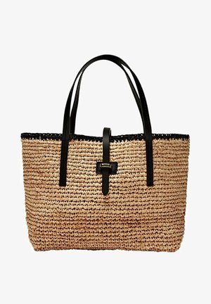 Geweven stro tote-tas met zwarte leren handvatten en sierafwerking. Rechthoekige vorm, gestructureerd oppervlak en een centraal leren accent.