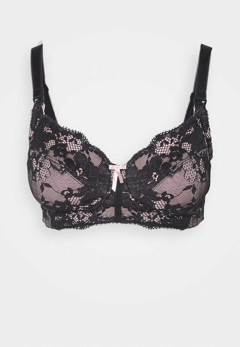 Sutiã de renda preta com padrões florais, laço em rosa no centro, alças ajustáveis e bordas delicadas em formato de escalope.