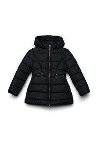 Schwarze Steppjacke mit Kapuze, mit einem Reißverschluss vorne, zwei Reißverschluss-Taschen und einem gesteppten Design. Glattes, leichtes Material.