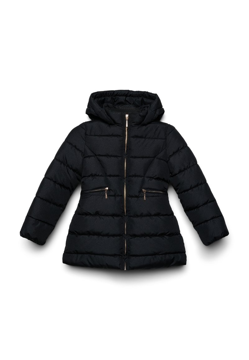 Schwarze Steppjacke mit Kapuze, mit einem Reißverschluss vorne, zwei Reißverschluss-Taschen und einem gesteppten Design. Glattes, leichtes Material.