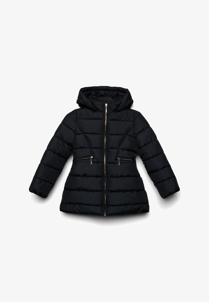 Schwarze Steppjacke mit Kapuze, mit einem Reißverschluss vorne, zwei Reißverschluss-Taschen und einem gesteppten Design. Glattes, leichtes Material.