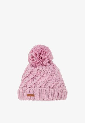 Knitted pink beanie hat with a textured cable pattern, topped with a large pom-pom, featuring a contrasting brown leather logo accent.